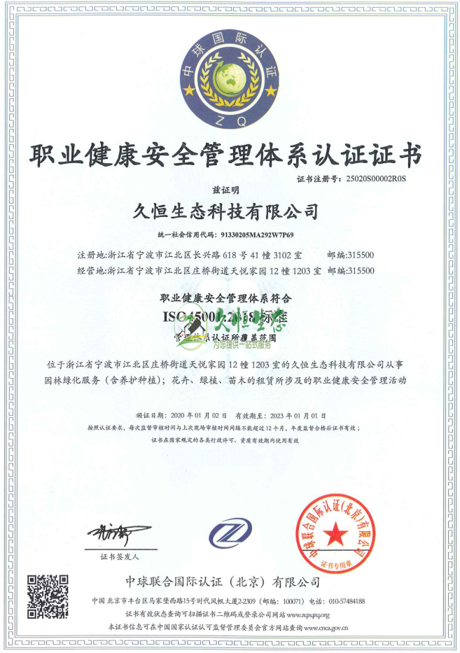 杭州1职业健康安全管理体系ISO45001证书